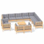 13-Piece Garden Lounge Set with Grey Cushions Pine Wood Outdoor Patio Furniture