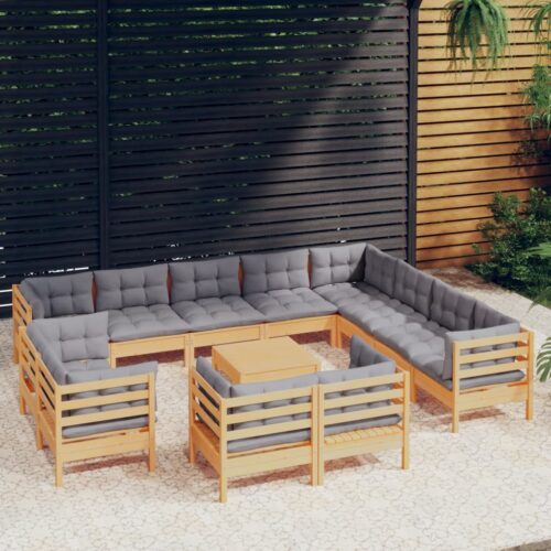 13-Piece Garden Lounge Set with Grey Cushions Pine Wood Outdoor Patio Furniture - Image 2