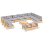 13-Piece Garden Lounge Set with Grey Cushions Pine Wood Outdoor Patio Furniture