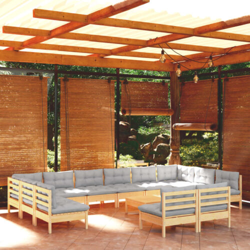 13-Piece Garden Lounge Set with Grey Cushions Pine Wood Outdoor Patio Furniture - Image 2
