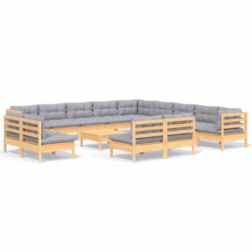 14-Piece Garden Lounge Set with Grey Cushions Pine Wood Outdoor Patio Furniture
