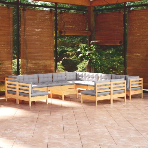 14-Piece Garden Lounge Set with Grey Cushions Pine Wood Outdoor Patio Furniture - Image 2