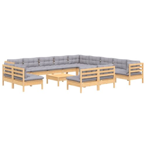 14-Piece Garden Lounge Set with Grey Cushions Pine Wood Outdoor Patio Furniture - Image 3