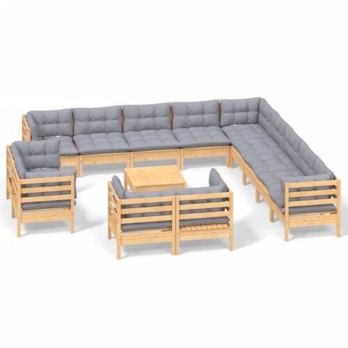 14-Piece Garden Lounge Set with Grey Cushions Pine Wood Outdoor Patio Furniture