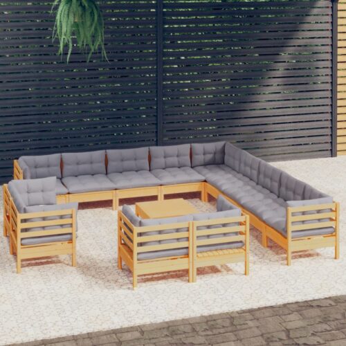 14-Piece Garden Lounge Set with Grey Cushions Pine Wood Outdoor Patio Furniture - Image 2