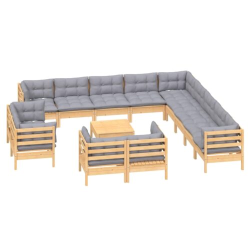 14-Piece Garden Lounge Set with Grey Cushions Pine Wood Outdoor Patio Furniture - Image 3