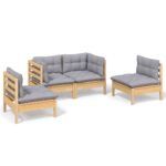 4-Piece Garden Lounge Set with Grey Cushions Pine Wood Outdoor Patio Furniture