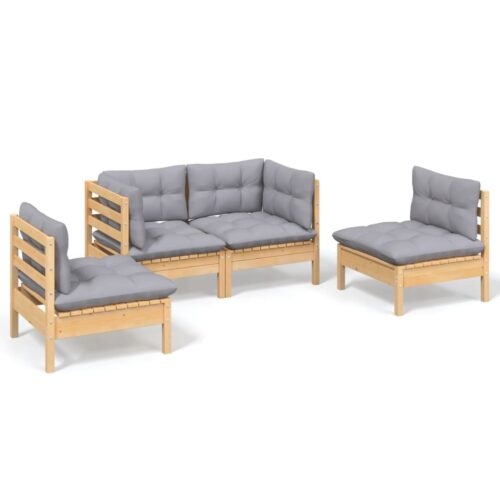 4-Piece Garden Lounge Set with Grey Cushions Pine Wood Outdoor Patio Furniture