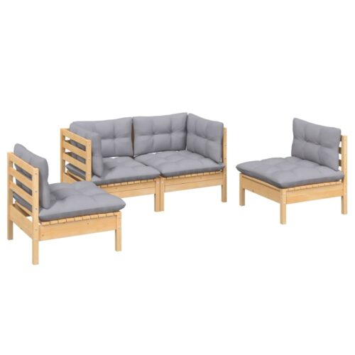 4-Piece Garden Lounge Set with Grey Cushions Pine Wood Outdoor Patio Furniture - Image 3
