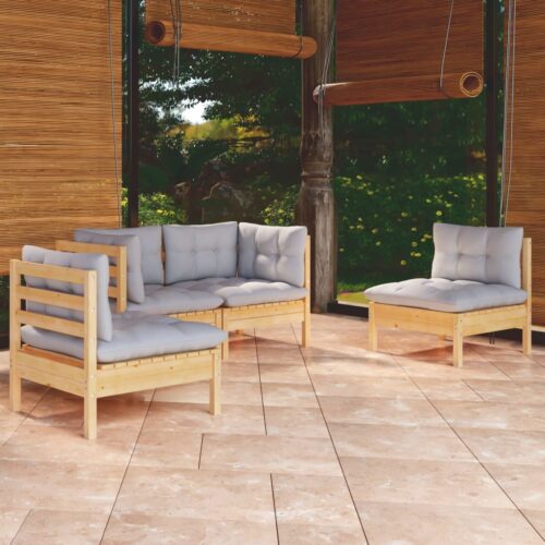 4-Piece Garden Lounge Set with Grey Cushions Pine Wood Outdoor Patio Furniture - Image 9