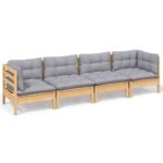 4-Piece Garden Lounge Set with Grey Cushions Pine Wood Outdoor Patio Furniture