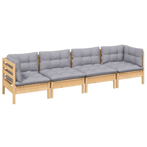 4-Piece Garden Lounge Set with Grey Cushions Pine Wood Outdoor Patio Furniture - Image 3