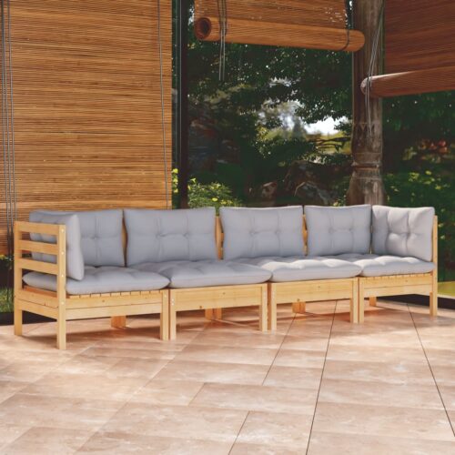 4-Piece Garden Lounge Set with Grey Cushions Pine Wood Outdoor Patio Furniture - Image 9