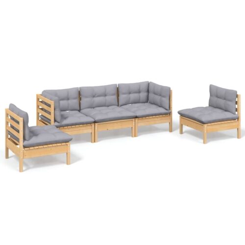5-Piece Garden Lounge Set with Grey Cushions Pine Wood Outdoor Patio Furniture