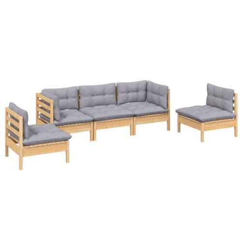 5-Piece Garden Lounge Set with Grey Cushions Pine Wood Outdoor Patio Furniture - Image 3