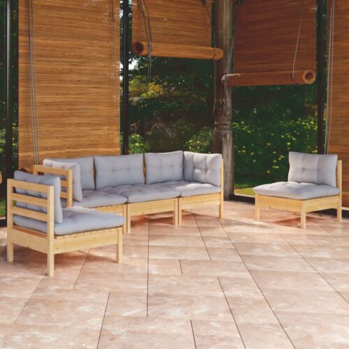 5-Piece Garden Lounge Set with Grey Cushions Pine Wood Outdoor Patio Furniture - Image 12