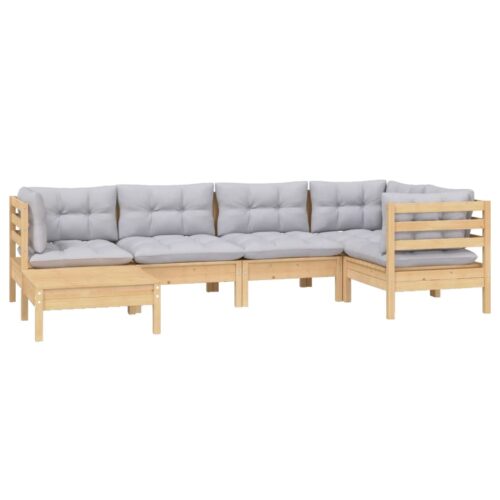 6-Piece Garden Lounge Set with Grey Cushions Pine Wood Outdoor Patio Furniture - Image 3