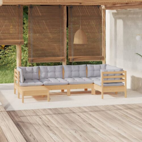 6-Piece Garden Lounge Set with Grey Cushions Pine Wood Outdoor Patio Furniture - Image 10