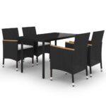 5-Piece Garden Dining Set with Cushions Poly Rattan Wicker Outdoor Patio Furniture Glass