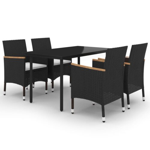 5-Piece Garden Dining Set with Cushions Poly Rattan Wicker Outdoor Patio Furniture Glass