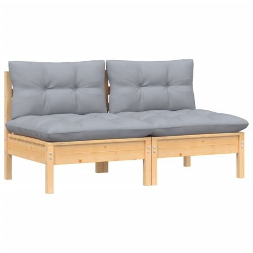 2-Seater Garden Sofa with Grey Cushions Solid Wood Pine - Image 3