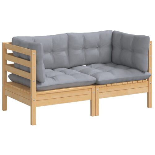 2-Seater Garden Sofa with Grey Cushions Solid Wood Pine - Image 3