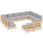 11-Piece Garden Lounge Set with Grey Cushions Pine Wood Outdoor Patio Furniture