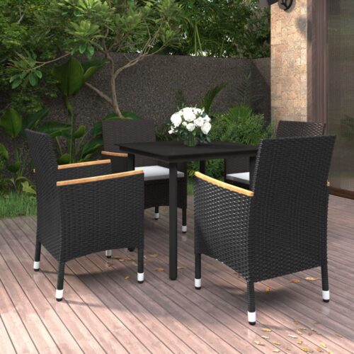 5-Piece Garden Dining Set with Cushions Poly Rattan Wicker Outdoor Patio Furniture Glass - Image 9