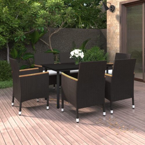 7-Piece Garden Dining Set with Cushions Poly Rattan Wicker Outdoor Patio Furniture Glass - Image 9