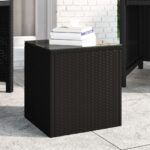 Tempered Glass Side Table Indoor Outdoor Coffee Tea Stand Rattan Black 40x37x40.5cm