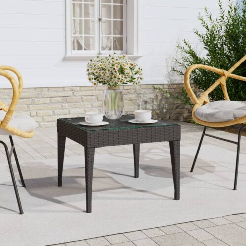 Side Table Black 50x50x38cm Poly Rattan Tempered Glass - Image 6