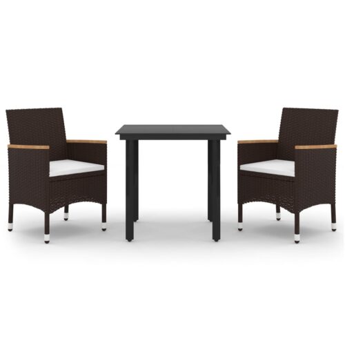 3-Piece Garden Dining Set with Cushions Poly Rattan Wicker Outdoor Patio Furniture Glass