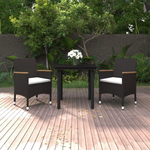 3-Piece Garden Dining Set with Cushions Poly Rattan Wicker Outdoor Patio Furniture Glass - Image 9