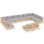 12-Piece Garden Lounge Set with Grey Cushions Pine Wood Outdoor Patio Furniture