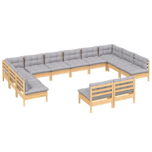 12-Piece Garden Lounge Set with Grey Cushions Pine Wood Outdoor Patio Furniture - Image 3