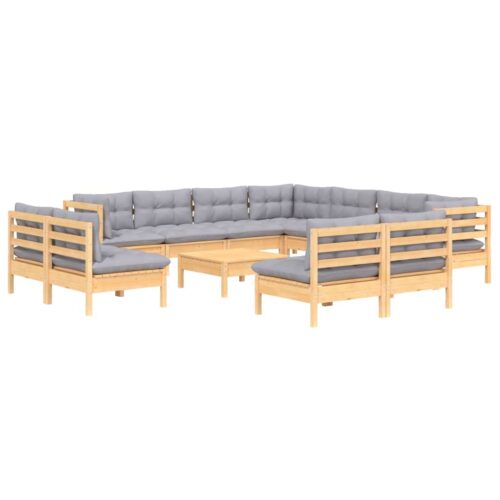 12-Piece Garden Lounge Set with Grey Cushions Pine Wood Outdoor Patio Furniture - Image 3