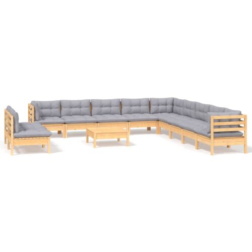 12-Piece Garden Lounge Set with Grey Cushions Pine Wood Outdoor Patio Furniture