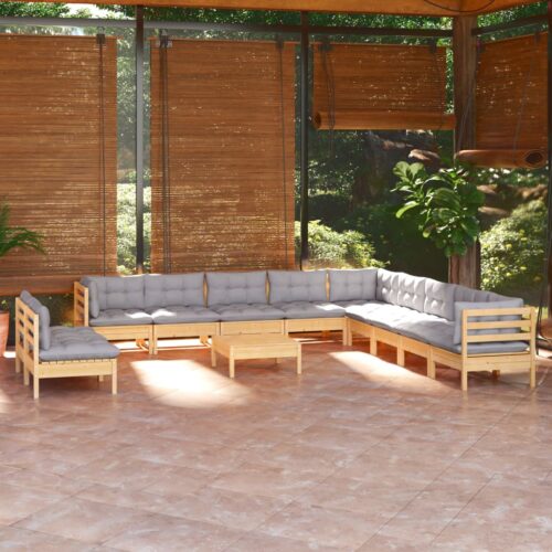 12-Piece Garden Lounge Set with Grey Cushions Pine Wood Outdoor Patio Furniture - Image 2