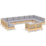 12-Piece Garden Lounge Set with Grey Cushions Pine Wood Outdoor Patio Furniture