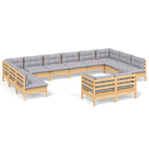 12-Piece Garden Lounge Set with Grey Cushions Pine Wood Outdoor Patio Furniture