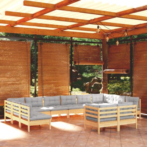 12-Piece Garden Lounge Set with Grey Cushions Pine Wood Outdoor Patio Furniture - Image 2