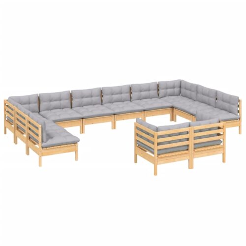12-Piece Garden Lounge Set with Grey Cushions Pine Wood Outdoor Patio Furniture - Image 3