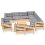 12-Piece Garden Lounge Set with Grey Cushions Pine Wood Outdoor Patio Furniture