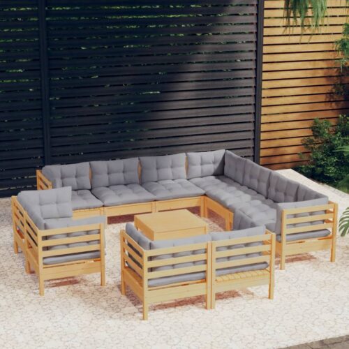12-Piece Garden Lounge Set with Grey Cushions Pine Wood Outdoor Patio Furniture - Image 2