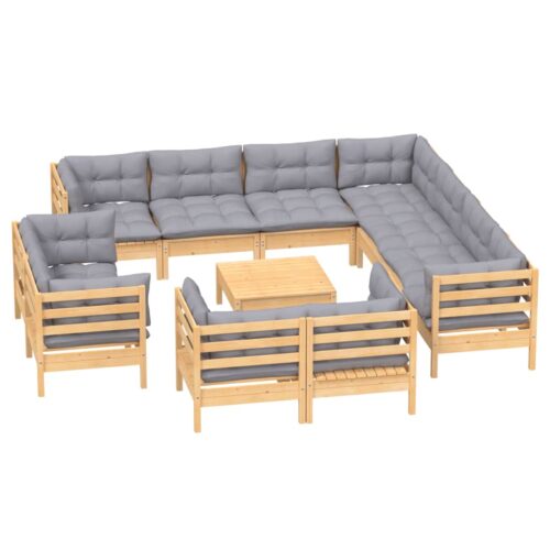 12-Piece Garden Lounge Set with Grey Cushions Pine Wood Outdoor Patio Furniture - Image 3