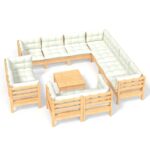 12-Piece Garden Lounge Set with Cream Cushions Pine Wood Outdoor Patio Furniture