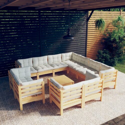 12-Piece Garden Lounge Set with Cream Cushions Pine Wood Outdoor Patio Furniture - Image 2