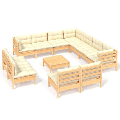 12-Piece Garden Lounge Set with Cream Cushions Pine Wood Outdoor Patio Furniture