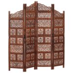 Hand carved 4-Panel Room Divider Brown 160x165cm Solid Mango Wood