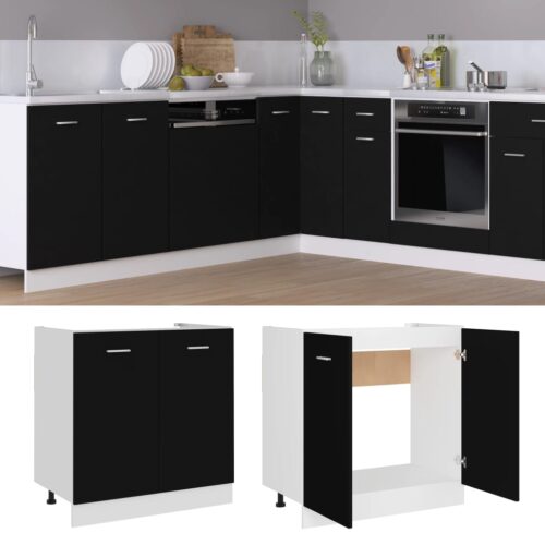 Sink Bottom Cabinet Black 80x46x81.5cm Engineered Wood - Image 2
